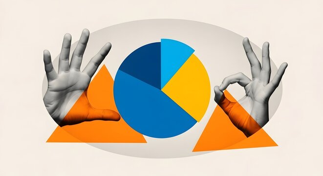 Hands gesturing around a pie chart with orange triangles and a grey oval background