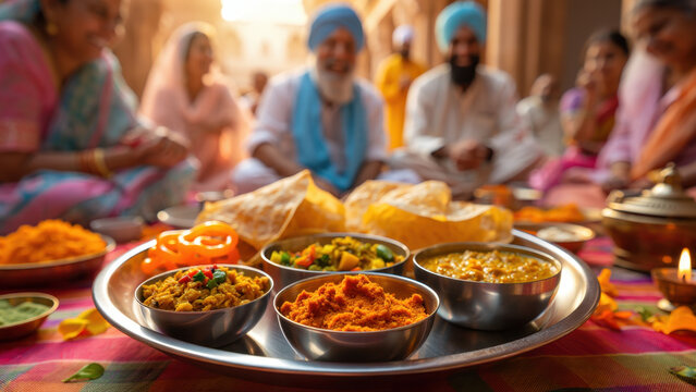 Communal langar feast during sikh festival, stainless steel thali with vegetarian dishes, dal curry rice papad sweets, joyful gathering in gurdwara courtyard, tradition of sharing food, joy