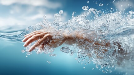 Close up of hand breaking through splashing water symbolizing freshness, clarity, vitality and environmental purity in motion concept, Generative AI