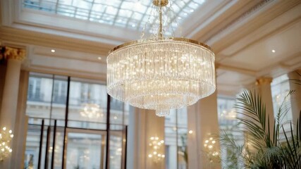 Elegant crystal chandelier illuminating luxurious interior space with intricate design and warmth - Powered by Adobe