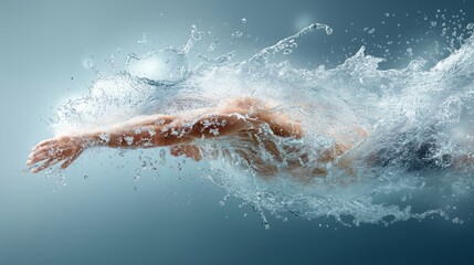 Swimmer breaking through water surface with splash and dynamic motion representing energy, strength and professional aquatic sports concept, Generative AI