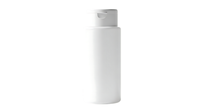 A simple white plastic bottle with a flip top cap standing upright and isolated on a transparent background for product mockups isolated on transparent background
