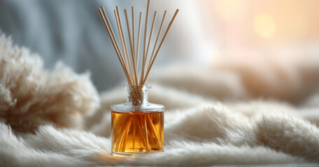 Fototapeta premium A glass bottle with a liquid and reed diffuser sticks on top of it, sitting in front of soft focus fur material