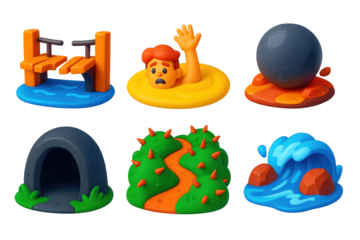 Adventure Icons Set. 3D icon set of adventure challenges: broken bridge, quicksand trap, rolling boulder, dark cave, thorny path,