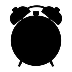 A simple black and white silhouette of a classic alarm clock design