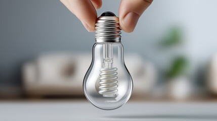 Hand holding a glowing lightbulb symbolizing innovation, creativity, and energy efficiency in a minimal modern interior design environment, Generative AI
