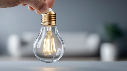 Hand holding a glowing lightbulb symbolizing innovation, creativity, and energy efficiency in a minimal modern interior design environment, Generative AI
