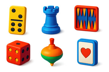 Classic Game Icons. 3D icon set of classic games: domino tile, rook chess piece, backgammon board, playing die, spinning top, card