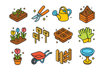 Spring Garden Icons. Seasonal garden awakening. Colorful isometric vector icons set of Seasonal garden awakening: garden bed sprouts, pruning shears, watering