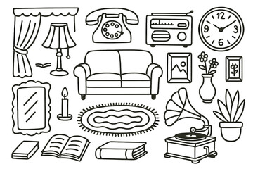 Obraz premium Vintage Decor Doodles. Old-school decor. Hand-drawn doodle illustration Old-school decor vintage lamp, rotary phone, radio, clock, vase, photo frame, sofa,