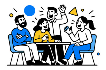 Dynamic Team Laughter. Laughing in a Group. Team members laughing during a casual meeting with floating abstract geometric shapes, friendly and lively work