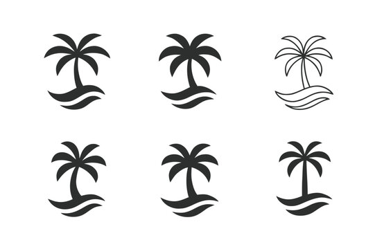 Palm Beach Logos. Palm beach. Set Logo of Palm beach: shoreline wave beneath palm. harmonious logo variations of the same emblematic concept, each with