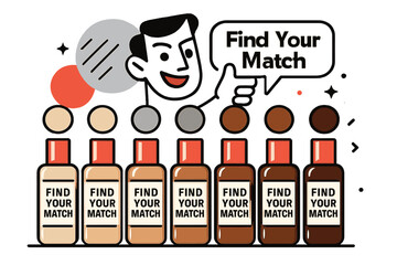 Shade Match Lineup. Shade Range Lineup. Bottles march in a gradient from porcelain to deep cocoa; swatch dots hover above each cap. A friendly label whispers