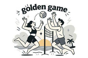Obraz premium Sunset Volleyball Triumph. Beach Vacation ? Sunset Volleyball. Two figures leap for a clean hit; dotted arc tracks the ball. Banner reads ?golden game? with