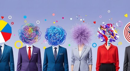 Diverse group of people in suits with abstract colorful heads, symbolizing individuality and ideas