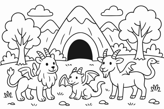 Chimeras' Cozy Mountain. Mythical habitats children?s coloring book illustration, outlined drawing, a soft mountain landscape with a cave and trees where