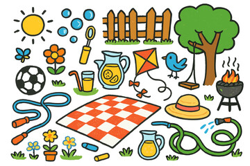 Naklejka premium Backyard Playtime Fun. Backyard playtime. Colorful Hand-drawn doodle Children illustration Backyard playtime picnic blanket, soccer ball, bubbles wand, jump