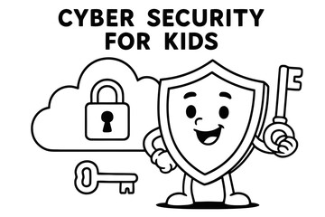 Cybersecurity Shield Coloring. Cyber security for kids children?s coloring book illustration, outlined drawing, a happy shield character guarding cloud data