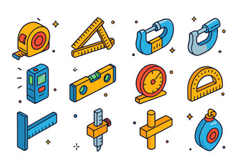 Colorful Measuring Tools Icons. Measuring tools. Colorful isometric vector icons set of Measuring tools: tape measure, folding rule, caliper, micrometer, laser