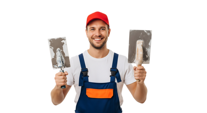 Skilled construction worker with plastering tools ready for home renovation and building projects isolated on black background