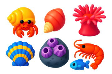 Vibrant Tide Pool Icons. 3D icon set of tide pool finds: hermit crab, seashell, sea anemone, barnacle rock, shrimp, small fish. A