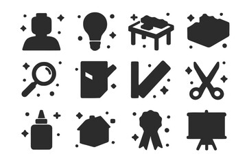 Naklejka premium LEGO Workshop Icons. LEGO Creativity Workshop. Solid icons set of LEGO Creativity Workshop: instructor figure, lightbulb icon, build table, tray of bricks,