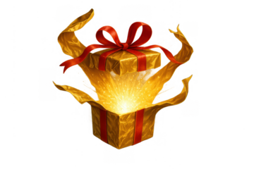 Golden gift box opening with magical bright light, surprise present for celebration or special event on transparent background