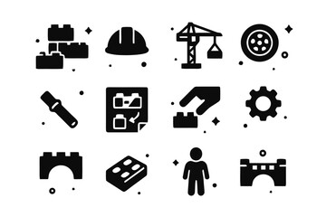 Naklejka premium LEGO Icon Set. LEGO Construction Play. Solid icons set of LEGO Construction Play: stacked bricks, builder hat, crane arm, wheel, connector peg, instruction