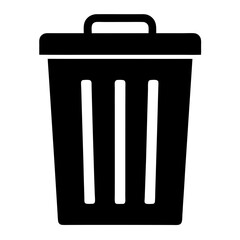 Simple black and white illustration of a trash can or wastebasket