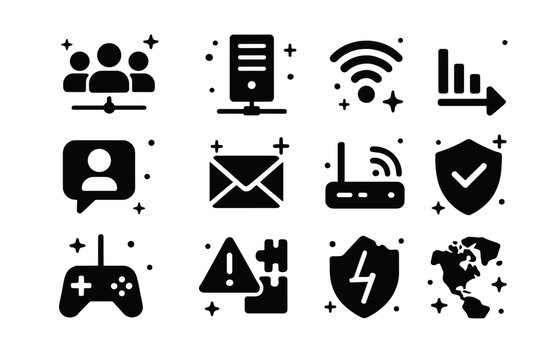 Multiplayer Icons Grid. Multiplayer and networking tests. Solid icons set of multiplayer and networking tests: match lobby, dedicated server, ping indicator,