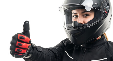 Woman motorcycle rider in helmet and gloves giving thumbs up sign isolated on transparent background