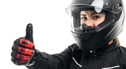 Woman motorcycle rider in helmet and gloves giving thumbs up sign isolated on transparent background