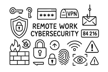 Fototapeta premium Remote Work Cybersecurity Icons. Remote work cybersecurity. Hand-drawn doodle illustration remote work cybersecurity shield, lock, key, two-factor code, VPN