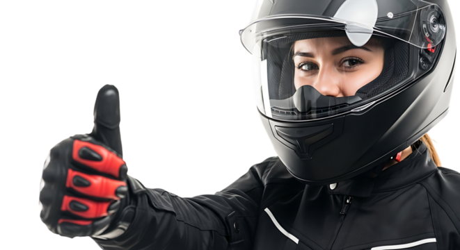 Woman motorcycle rider in helmet and gloves giving thumbs up sign isolated on transparent background