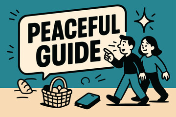 Naklejka premium Peaceful Guide Banner. Peaceful Guide banner, flat vector illustration, bold oversized text inside sticker outline banner, cartoon characters walking and
