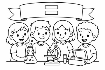 Kids Sharing Science. Gender equality children?s coloring book illustration, outlined drawing, kids of all genders sharing a science kit with an equals sign