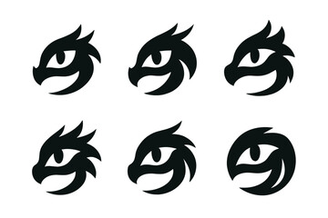 Naklejka premium Dragon Eye Logos. Dragons. Set Logo of Dragon Eye: Minimal outline, Negative space, Flat solid, Symmetrical form, Stylized detail, Iconic shape. Vector style.