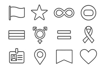 Non-Binary Symbol Icons. Non-binary Symbols. Line icon set of non-binary symbols: flag outline, star, infinity symbol, pronoun badge, spectrum bar, merged