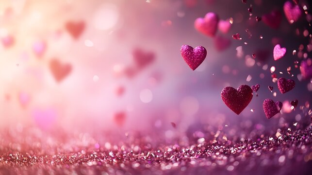 Falling glitter hearts on pink sparkling surface. Romantic Valentine’s abstract background with soft light bokeh, love and dreamy celebration mood
