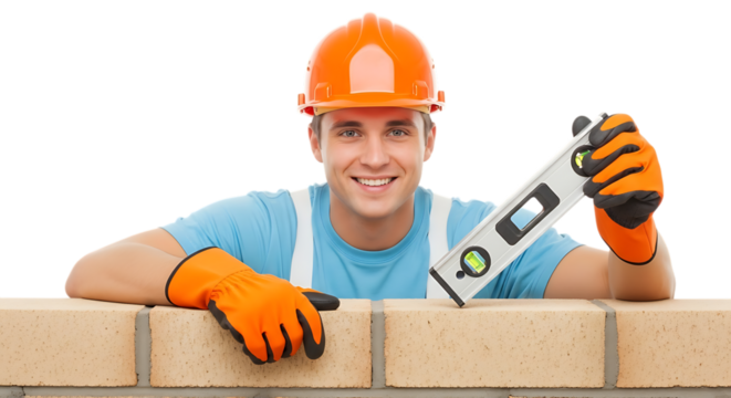 Construction worker wearing orange hard hat and blue shirt holding a spirit level checking brick wall alignment on transparent background