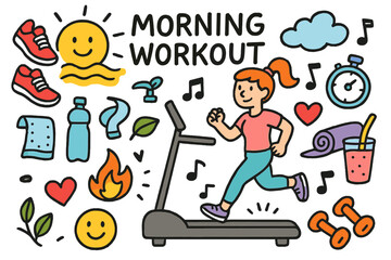 Colorful Morning Workout Icons. Morning Workout. Colorful Hand-drawn doodle Children illustration Morning Workout sunrise, treadmill, sneakers, water bottle,