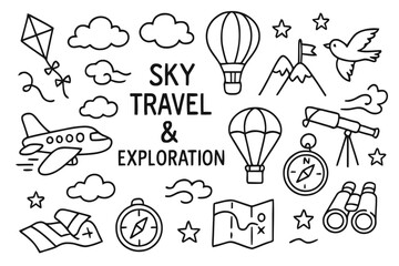 Sky Adventure Icons. Sky travel and exploration. Hand-drawn doodle illustration Sky travel and exploration airplane, balloon, kite, clouds, sun, mountain,