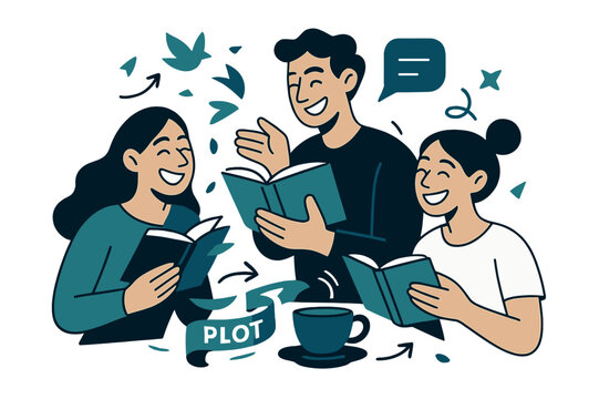 Witty Book Club. Book club chuckles. Readers grin over a witty paragraph; bookmarks flutter like birds between pages. ?Plot twist!? ribbon loops around a