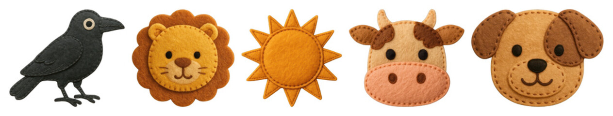 PNG Cute felt animal face designs, element set on transparent background