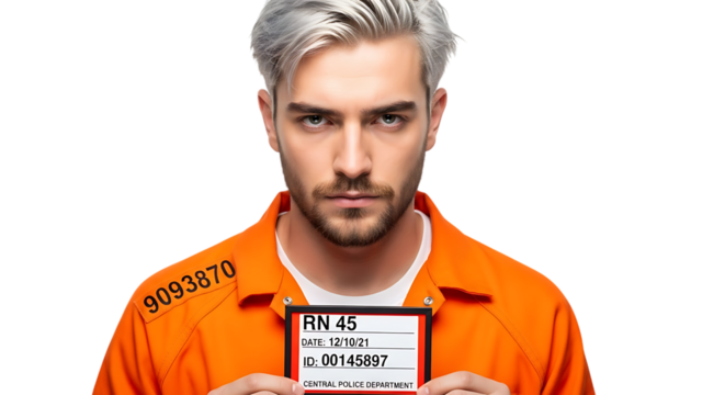 Serious Male Prisoner in Orange Jumpsuit Holding Mugshot Sign Isolated on Black Background Concept Criminal Justice System Forensics