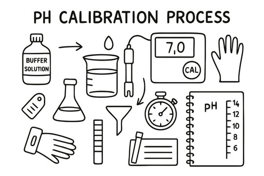 pH Calibration Doodle. pH calibration process. Hand-drawn doodle illustration pH calibration process buffer solution bottle, probe, beaker, droplet, digital