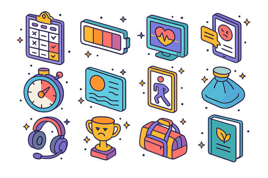Esports Stress Icons. Stress and burnout in esports. Colorful isometric vector icons set of Stress and burnout in esports: scrim schedule board, energy bar