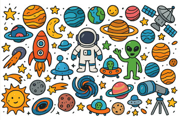 Colorful Space Doodles. Space, Colorful Hand-drawn doodle Children illustration Layered fashion planets, stars, moons, rockets, astronauts, aliens, spaceships,
