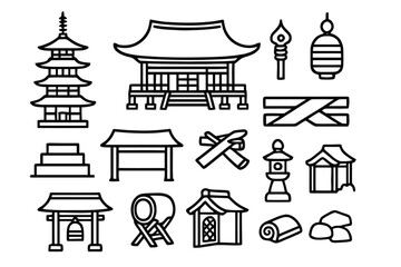 Fototapeta premium Temple Architecture Doodles. Temple architecture details. Hand-drawn doodle illustration Temple architecture details pagoda, main hall, curved roof, finial,