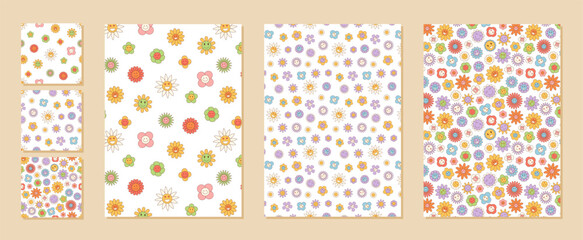 Groovy retro floral pattern set with colorful seamless background. Funky happy daisy and flower elements appear as a vibrant seamless pattern. Ideal for y2k style projects and creative printing.